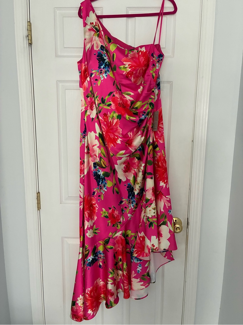 Bright Pink Floral Asymmetric Slip Dress